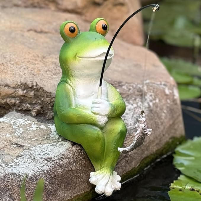 Garden Frog Pond Statue Decoration, Fishing Frog Garden Statue Outdoor Koi Pond or Waterfall Decor, 9.5" Frog Figurine Fishing Poolside Statue, Frog Gifts for Mom