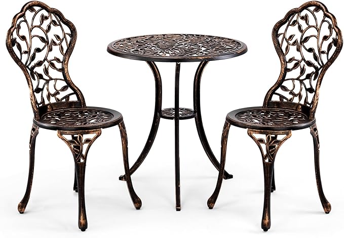 VINGLI 3 PCS Outdoor Bistro Set, Outdoor Patio Set, All-Weather Cast Aluminum Bistro Table Set, Bistro Table and Chairs Set of 2 for Backyard, Garden, Balcony (Bronze, Leaf)