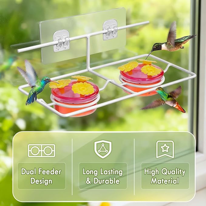 Window Hummingbird Feeder, Small Hummingbird Feeder for Outdoors with Metal Base & 6 Feeding Ports - Suitable for Sliding Glass Doors on Windows and Balcony, Easy to Clean and Refill