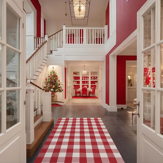 SEEKSEE Cotton Buffalo Plaid Rug 4'x6' Red and White Checked Rug Washable Doormats Indoor Outdoor Rugs for Layered Front Door Mats, Porch, Kitchen, Farmhouse, Entryway