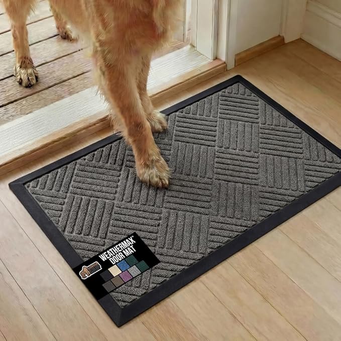 GORILLA GRIP 100% Waterproof All-Season WeatherMax Doormat US Designed Natural Rubber, Stain Fade Resistant, Low Profile Indoor Outdoor Door Mats, Easy Clean, 17x29 Gray Diamond
