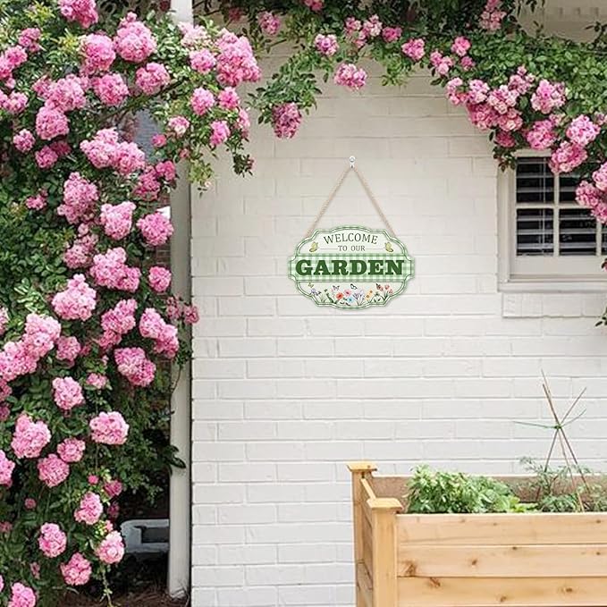 HOURIA 3D Welcome to Our Garden Wood Sign,(11.4”x8”) Gardening Yard Greenhouse Decor,Sage Green Gardening Sign, Flowers Butterfly Garden Decorations for Outside Indoor,Gardening Gifts
