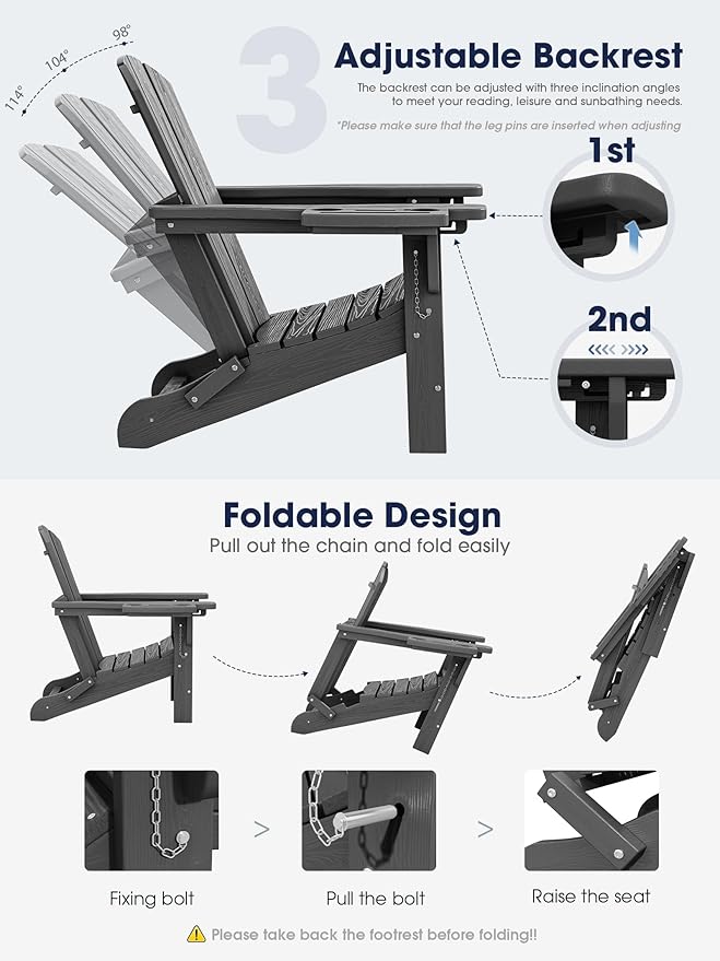 KINGYES Adjustable Folding Adirondack Chair with Footrest & 4-in-1 Multi-Functional Armrest Organizer, HDPE Recliner Adirondack Chair with Pull-Out Ottoman, Gray