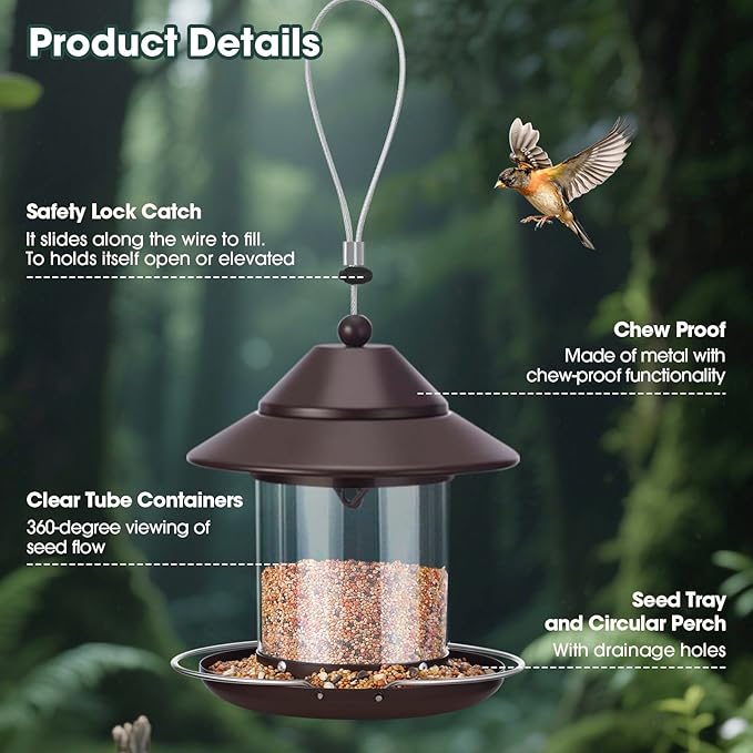 Bird Feeders for Outdoors, Hanging Small Metal Roof Bird Feeder with 2LB Clear Tube Seed Capacity for Viewing Cardinal Finch, Wild Birdfeeders for Outside Garden Yard Decoration