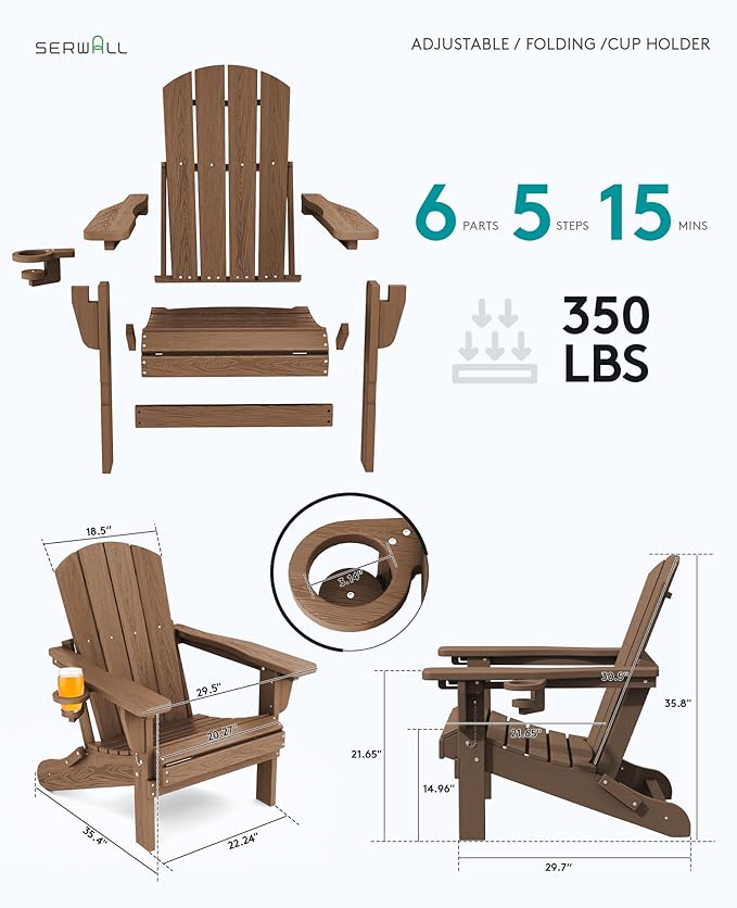 SERWALL Folding Adirondack Chair Set of 2, Reclining Adirondack Chair with 3 Recline Positions, All Weather HDPE Outdoor Adirondack, Brown