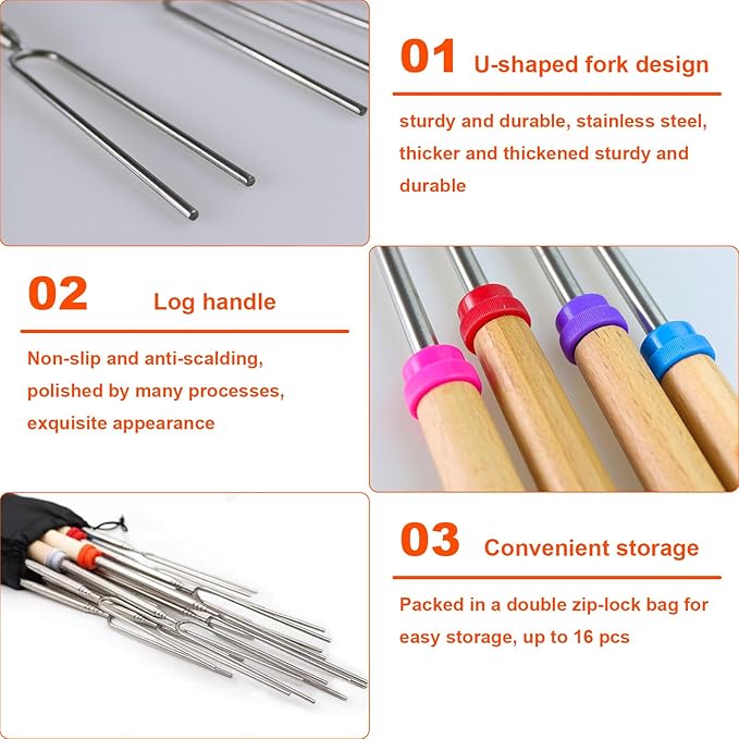 6 Pcs Marshmallow Roasting Sticks for Fire Pit, 32 in Extendable Smores Sticks for Fire Pit Party Bonfire Camping Accessories, Stainless Steel Barbecue Smores Skewers BBQ Skewers Forks Tools + Bag
