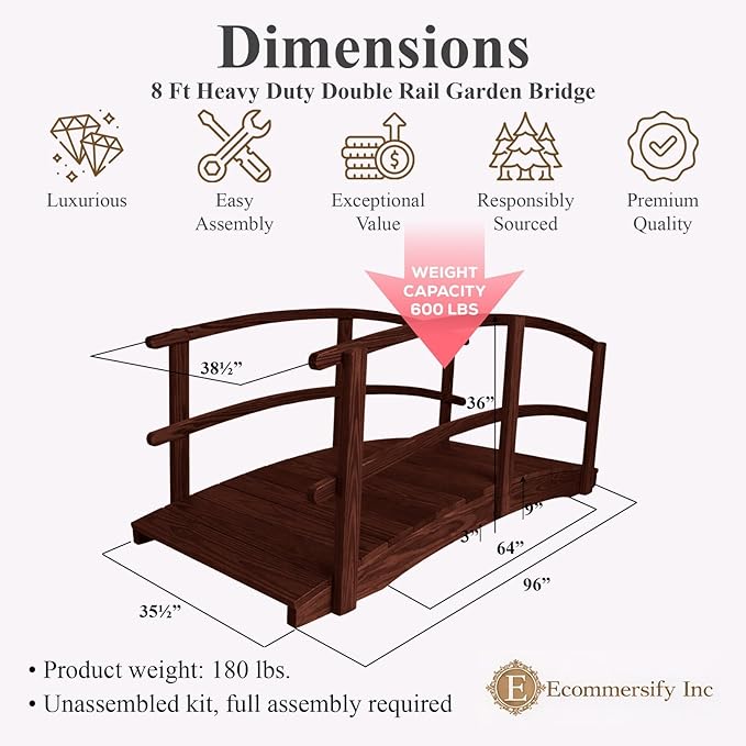 8 FT MAHOGANY Amish Made Garden Bridge with DOUBLE RAILS for Walkway, Backyard Pond & Landscaping, Outdoor Wooden Footbridge for Koi Pond, Japanese Style Decorative Bridge, Made in USA