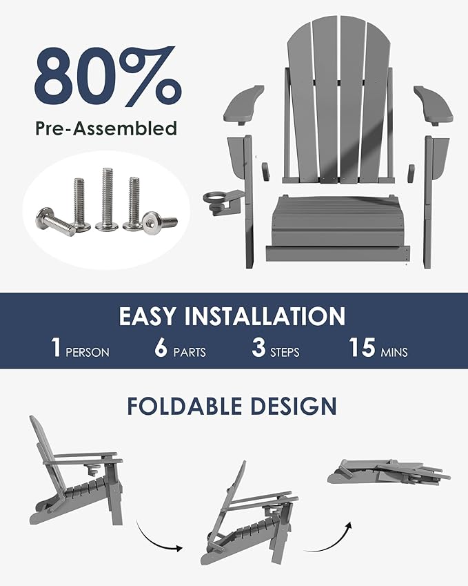 Folding Adirondack Chairs Set of 4, All-Weather Resistant HDPE Patio Firepit Chairs, Sturdy Outside Chairs with Cup Holder, Lawn Chairs, 80% Pre-Installed Load Capacity 385lb, Slate Grey