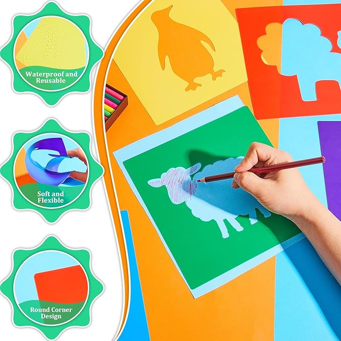Epakh 24 Pieces Stencils for Kids 8 Inches Drawing Stencils Chalk Template Large Washable Geometric and Garden Themed Primary Shape Template for Kids Toddlers Preschooler(Animal Style)