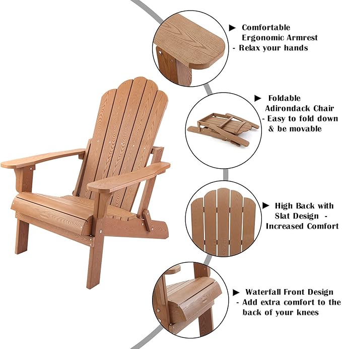 hOmeHua Folding Adirondack Chair Weather Resistant, Hard Plastic Imitation Wood Stripes Adirondack Chair, Easy to Fold Move & Maintain, Outdoor Chair for Patio, Backyard Deck, Fire Pit - Wood Color