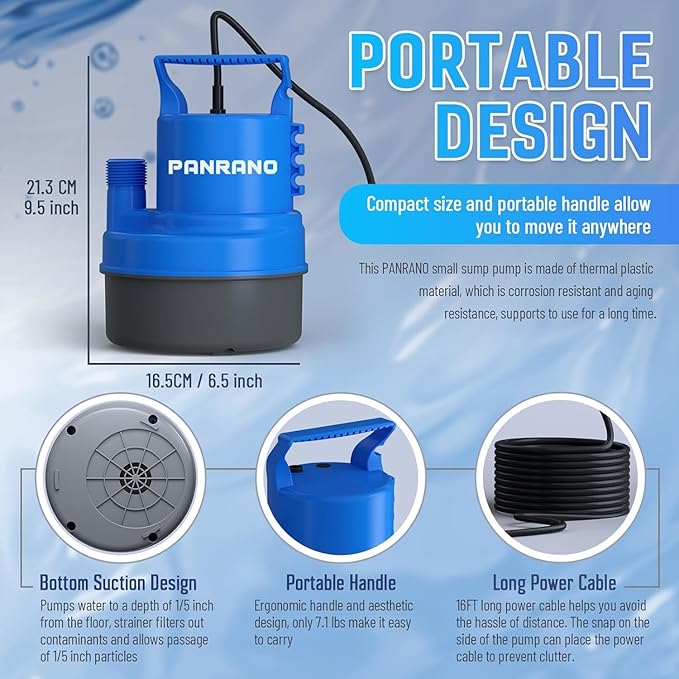 1/2 HP Submersible Water Pump 2900 GPH Portable Small Sump Pump For Pool Cover, Basements, Puddles, Gardens Ponds With 16.4 Ft Power Cord and Hose Adapters, Sky Blue