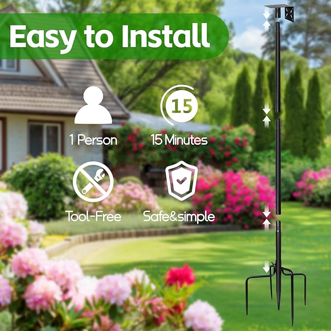 Bird Feeder Pole - 92 Inch/8ft Heavy Duty Bird Feeding Stand with Mount Kit, Adjustable Birdhouse Pole for WildBird Outdoor Garden, Slip-Fit Connection, Black, Stable 5-Prong Base