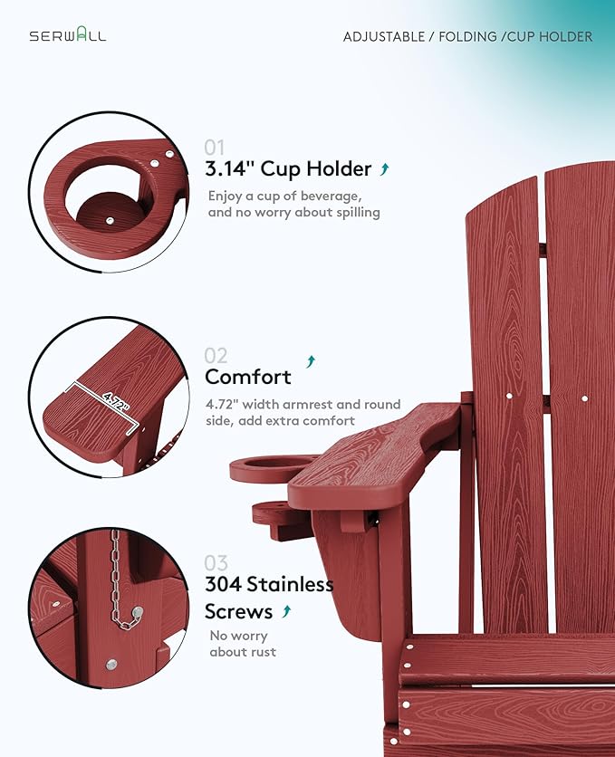 SERWALL Adjustable Folding Adirondack Chair, Reclining Adirondack Chair with Cup Holder, Red
