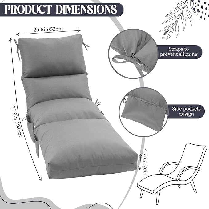 Kigley 2 Pcs Chaise Lounge Cushions, 77.9 x 20.5 x 4.7 Inch Outdoor Lounge Chair Cushions with Pocket, Thick Tufted Patio Recliner Replacement with Ties, Fade Resistant for Pool Furniture (Light Gray)
