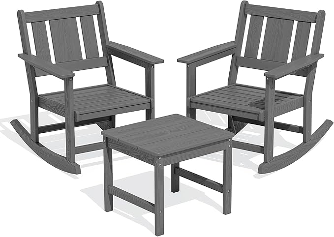 SERWALL Outdoor Rocking Chair Set of 2 with Side Table, All-Weather HDPE 3 Piece Patio Furniture Set, Outdoor Bistro Set with Pre-Drilled Hole for Porch Deck Lawn Balcony, Grey