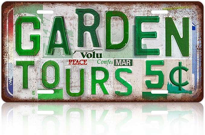 Vintage Garden Tours 5 Cents License plate Wall Decor Metal Sign Tin Signs for Garden Lover