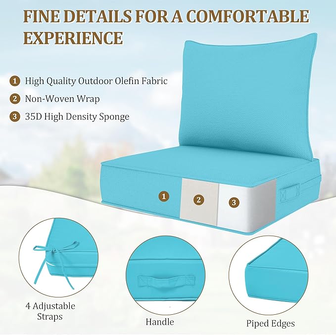 Outdoor Deep Seat Cushion Set, Fade Resistant Patio Chair Cushions, 24x24x6 Inch Patio Sofa Furniture Pad with Removable Cushion Covers (Lake Blue, 24''Lx24''Wx6''H-2pcs Set)