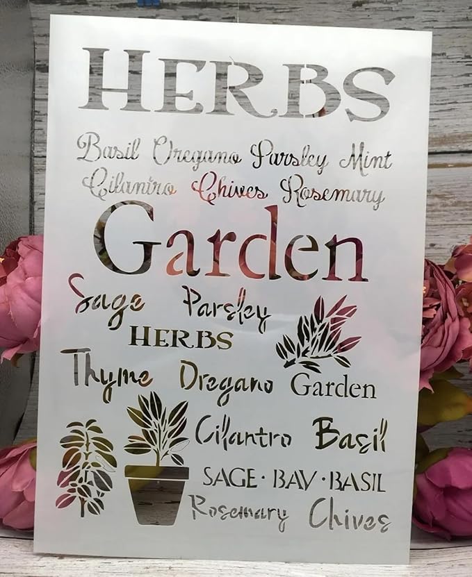 TIAMECH A4 Reusable Herbs Garden Stencil for Painting - Plants Pot Layering Template, DIY Wall Art, Wood Furniture, Scrapbook & Crafts (8.3x11.7inch)
