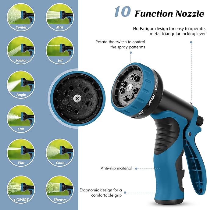 Garden Hose 100FT, Water Hose with 10 Function Nozzle, Garden Hose Metal with Leak-proof Connectors, No-Kink, Lightweight, Puncture-proof, Pet-proof, Sturdy, 550PSI, Hose for Outdoor, Yard