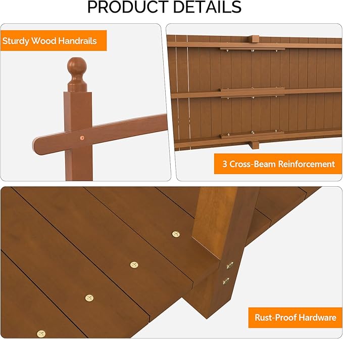VINGLI Garden Bridge, Classic Wooden Bridge with Safety Rails, Decorative Arhced Footbridge for Patio Pond, Creek, Pathway (Brown, 7.5 ft)