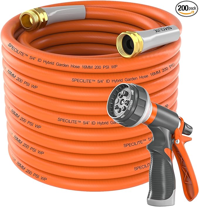 SPECILITE Garden Water Hose 200 ft x 5/8 in Heavy Duty, Flexible and Lightweight, Burst 600 psi, Kink-less Hybrid Rubber Pipe for Backyard, 3/4'' Brass Fittings, Orange
