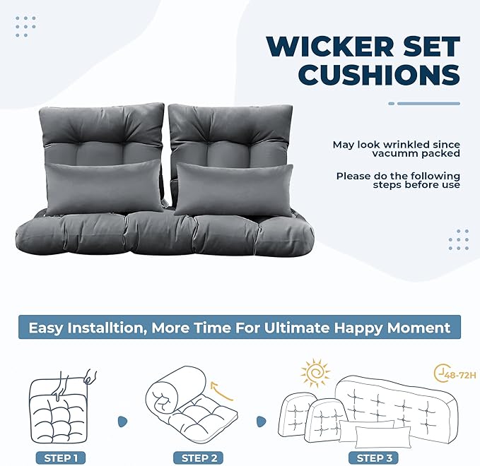 Wicker Chair Cushions of 5 Pieces, Waterproof Outdoor Loveseat Cushion for Wicker Furniture, 1 Love Seat Cushion, 2 U-Shape and 2 Lumbar Pillows for Patio Furniture (Grey)