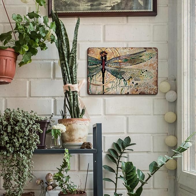 YOYI ART Metal Dragonfly Wall Decor Sign - I Am Always With You, Vintage Tin Signs for Home, Bedroom, Kithcen, Garden, Patio and Yard Wall Art Accessories, Dragonfly Gifts for Women, 12 x 8 inch
