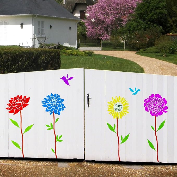 Large Flower Stencils 10 Pieces for Painting on Giant Walls, Reusable Stencil Templates, Large Rose Daisy Sunflower Peony Stencils for Paint on Garden Wood Fence Furniture