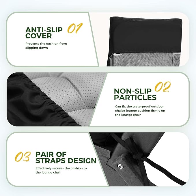 Outdoor Chaise Lounge Chair Cushion 74.4 x 22 x 4.7 Inches Non-Slip Lounge Chair Cushions for Outdoor Furniture with Ties, Patio Recliner Thickened Lounge Cushions for Indoor, Black
