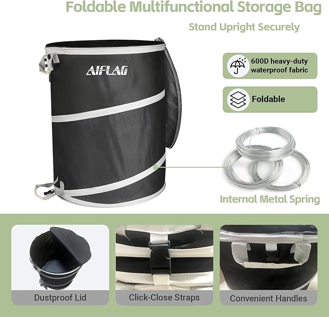 Collapsible Trash Can for Yard Waste & Camping, 42 Gallon Pop-Up Garbage Bag with Hard Bottom & Zipper Lid, Heavy Duty Reusable Outdoor Trash Can for Lawn Care, Garden, RV, Indoor Storage