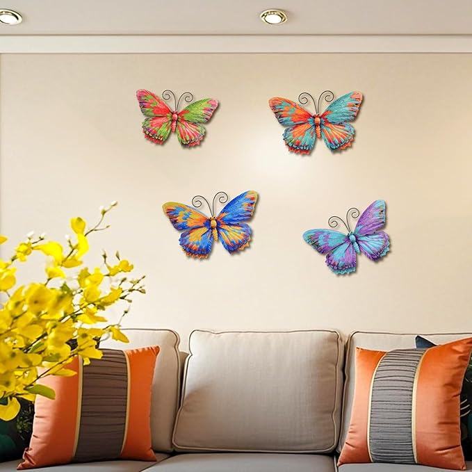 Junware 4 Pieces Metal Butterfly Wall Art Decor - 7.5" Outdoor Fence Wall Sculpture Decor, Hanging Decoration for Garden Yard Living Room Bedroom Patio Balcony, Nice Gift for Mom Friend