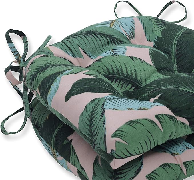 Pillow Perfect Tropic Botanical Indoor/Outdoor Tufted Wicker Seat Cushion With Ties, 2 Count, 15.5" x 16", Green Swaying Palms Capri