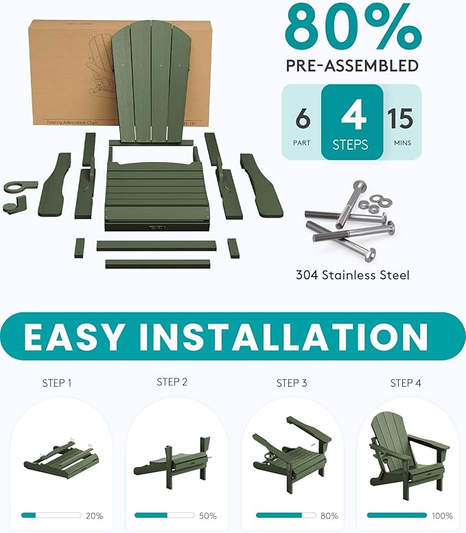 SERWALL Foldable Adirondack Chair Set of 2 for Patio Garden Outdoors Fire Pit Chairs-Avocadogreen