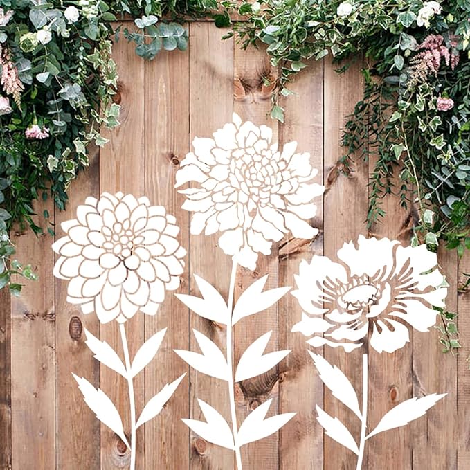 Large Flower Stencils for Walls 14inch Fence Stencil for Outdoors Floral Stencils Reusable Rose Hibiscus Daisy Sunflower Stencil for Wood Wall Furniture Fabrics DIY Decor