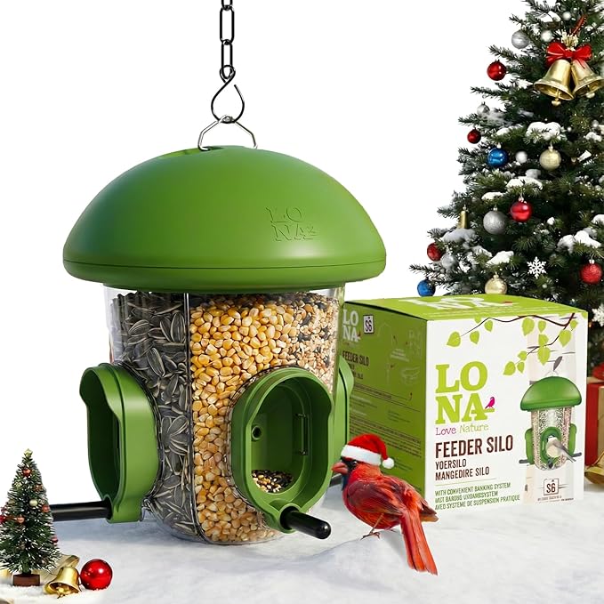 LONA Bird Feeders for Outdoors Hanging – 3 Separate Compartments, 3 Feeding Ports, Weatherproof Dome & 3 Ways to Hang, Large Capacity for Cardinals/Finches (Green