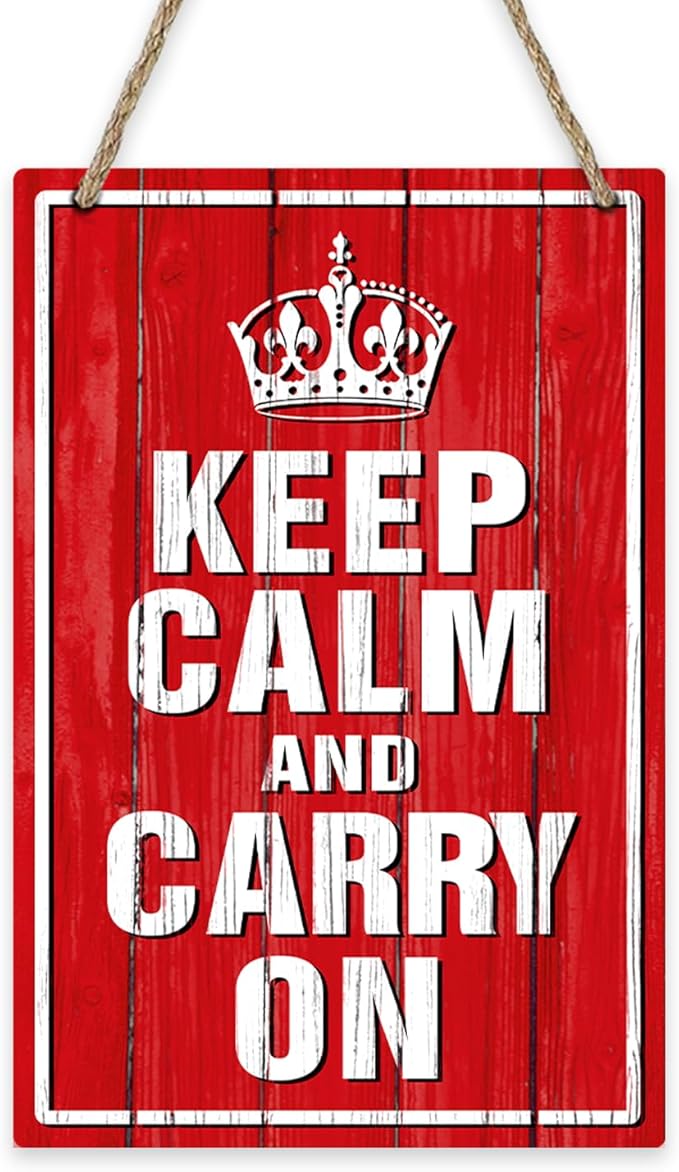 Inspirational Keep Calm and Carry on Front Door Sign, Motivational Crown Wood Hanger Outdoor Outside Porch Decor, Red Farmhouse Wooden Wreath Indoor Wall Hanging Home Office Bar Decoration