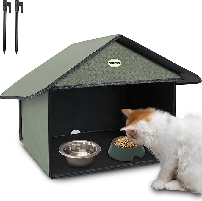 Dreyoo Outdoor Cat Feeding Station for Food & Water, Weatherproof Outdoor Kitty Dining Room Cat Shelter for Stray, Feral Cats and Community Cats, 13”d x 17”w x 15.5'h(1 Pack,Dark Green)
