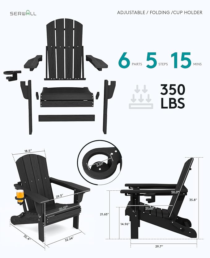 SERWALL Folding Adirondack Chair Set of 6, Adjustable Adirondack Chair with 3 Recline Positions, All Weather HDPE Outdoor Adirondack with Cup Holders, Black