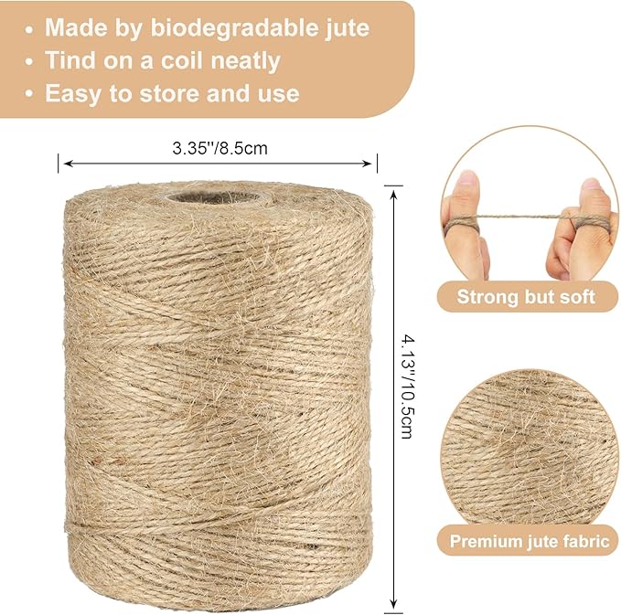 G2PLUS Natural Jute Twine, 1.5MM 984 Feet Gift Wrapping Twine String, 2 Ply Thin Brown Hemp String for DIY Arts & Crafts, Garden Plants, Crochet, Macrame, Christmas
