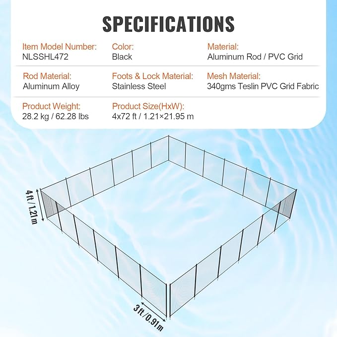 VINGLI 4ft High Pool Fence for Inground and Above Ground Pools, Black Mesh Removable Safety Fencing, Heavy-Duty Protective Barrier for Garden & Backyard (4×72FT)