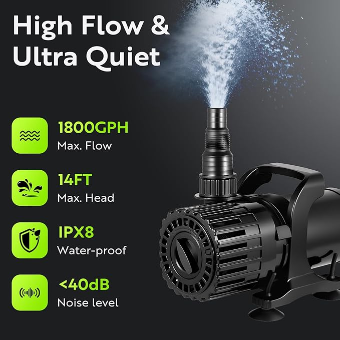 1800GPH Pond Pump with Adjustable Flow Control, 100W Submersible Waterfall & Fountain Pump, 0–180° Rotatable Outlet, Filter Bag, IPX8, UL Listed, Black