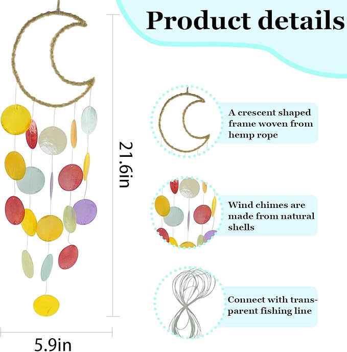 Wind Chimes Making Supplies Kits for Adults Arts and Crafts-DIY Wind Chime Parts with Metal Hoops Moon Shaped Round Capiz Shells Fishing Line Twine String Ribbon,Gifts for Women(Colorful)