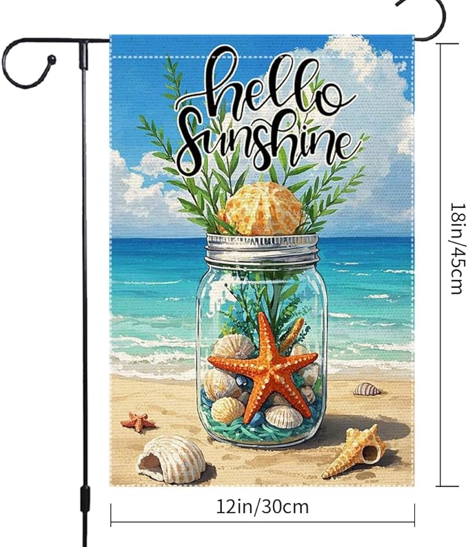 Hello Sunshine Garden Flag Starfish Mason Jar Summer Garden Flags 12x18 inch Vertical Double Sided Sea Shell Coastal Burlap Outdoor Lawn Beach Decorations