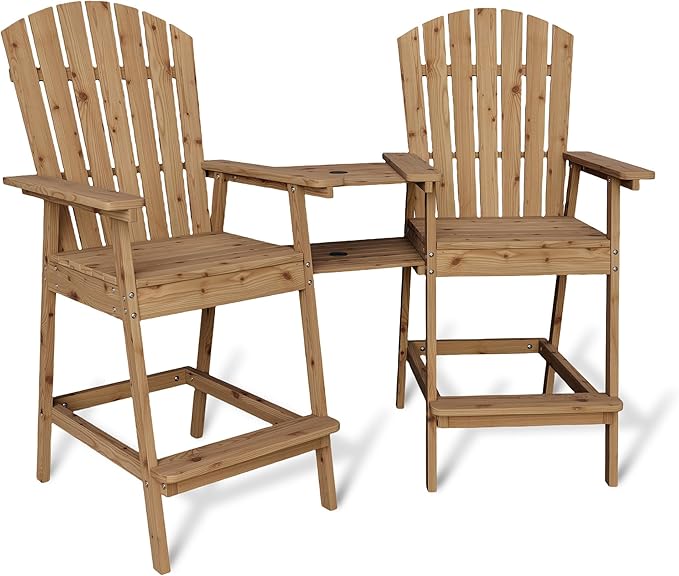 GarveeLife Outdoor Bar Height Adirondack Chairs with Connecting Tray, Balcony Chairs Adirondack for Deck, Backyard, Outdoor Tall Adirondack Chairs, Patio High Set of 2, Natural Wood