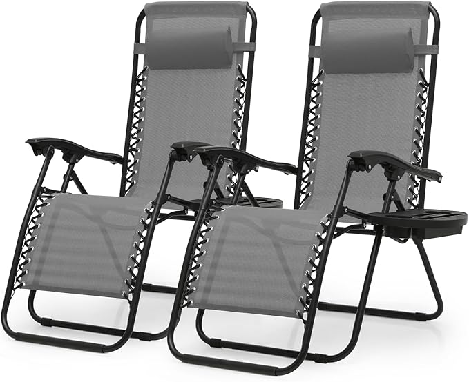 Zero Gravity Chairs, Portable Folding Reclining Lounge Chairs with Adjustable Pillow and Cup Holder Trays for Outdoor, Patio, Beach, Camping, Garden, Poolside, Set of 2 Gray