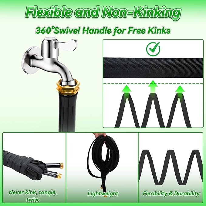 Non-Expanding Garden Hose 100FT, Lightweight Flexible Hose with 10 Function Nozzles, Leak-Proof Metal Interface, Kink Free, Wear-Resistant, Outdoor Long Hose Pipe for Car Wash, Yard, Lawn