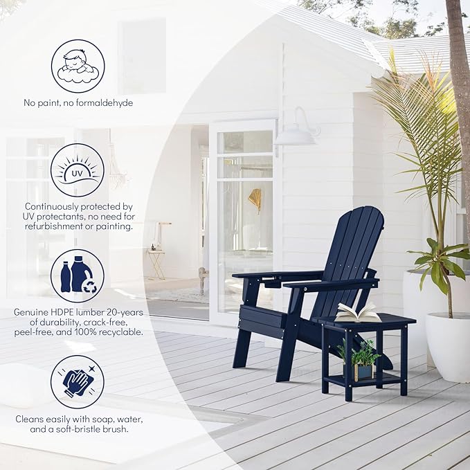 Plawdlik Folding Adirondack Chair, SGS Tested, Wooden Textured with Cup Holder, Heavy All-Weather HDPE Comfortable Set Poolside Backyard Lawn Navy Blue Set 2