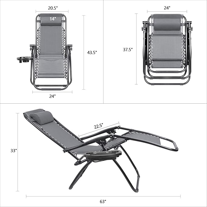 Devoko Patio Zero Gravity Chair Outdoor Folding Adjustable Reclining Chairs Pool Side Using Lawn Lounge Chair with Pillow Set of 2 (Grey)
