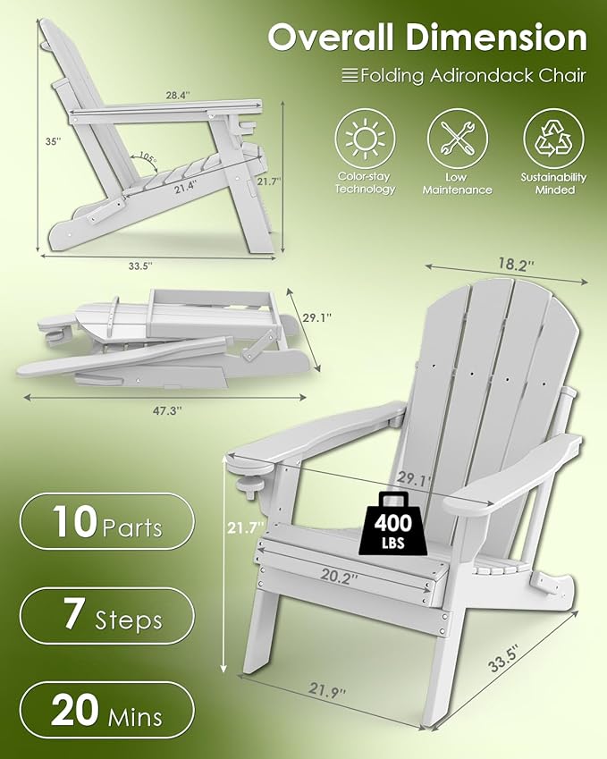 GREENVINES Folding-Adirondack-Chairs-Set-of-2 | HDPE Plastic | Fire Pit Chair | All Weather | Cup Holder | White | for Deck Backyard Patio Outdoor Garden