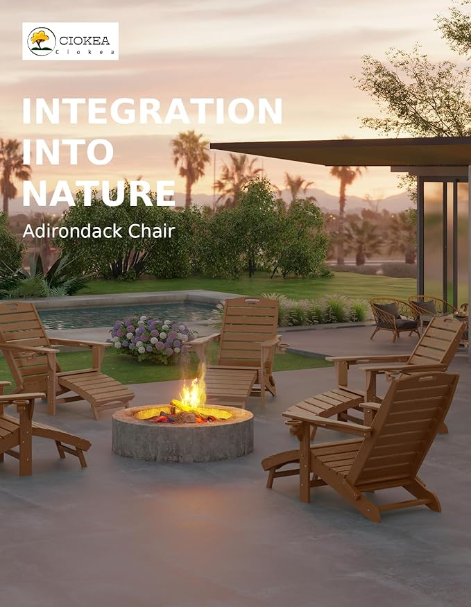 Ciokea Folding Adirondack Chair Set of 4 with Retractable Ottoman Fire Pit Patio Chair with Pull Out Foot Rest Weather Resistant Lawn Outdoor Chair with 2 Cup Holder (Teak)